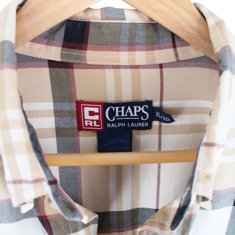 Vintage Chaps Ralph Lauren Plaid Button Up Shirt Beige XL Cotton Classic Fit - Picture 4 of 5